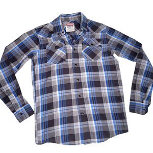 Wrangler Mens Western Shirt Size Small Pearl Snap Blue Gray Plaid Long Sleeve
